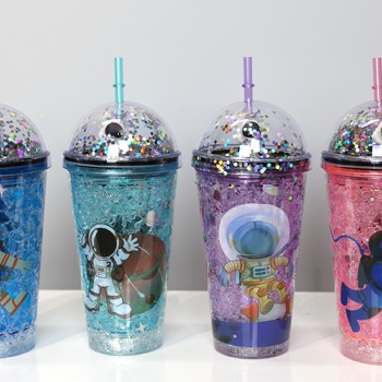 Sevimli Astronot Pipetli Işıklı Pullu Suluk Bardak 400 ml