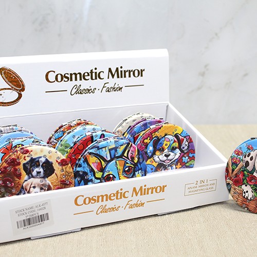 Sevimli Köpek Tasarımlı Taşlı İnce El Aynası Yuvarlak 