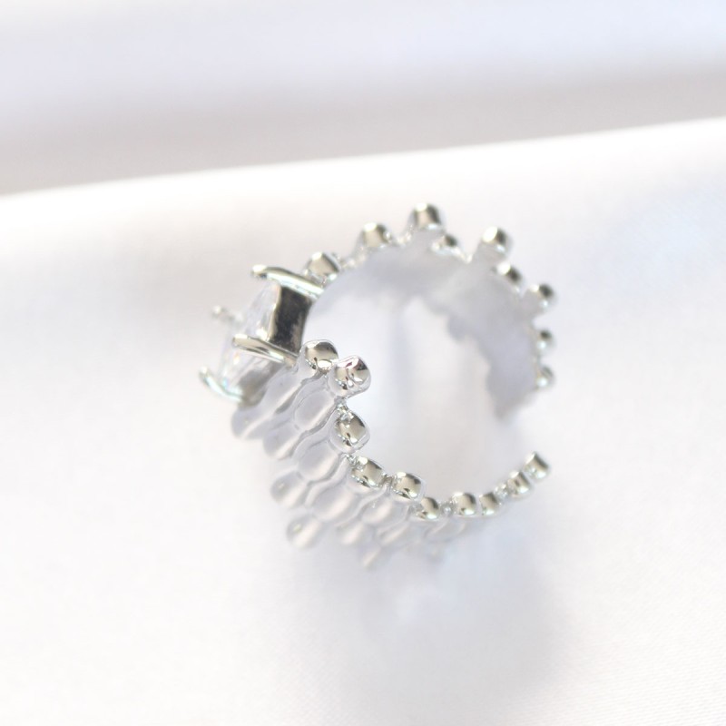 Silver Renk Tırtıklı Kalın Baget Taş Tasarım Ayarlanabilir Yüzük