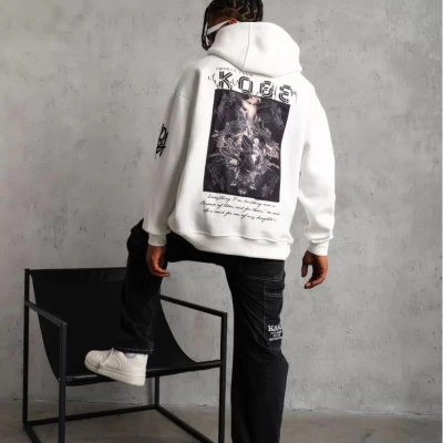 Sırt Baskılı Kapüşonlu Üç İplik Oversize Sweatshirt - Beyaz