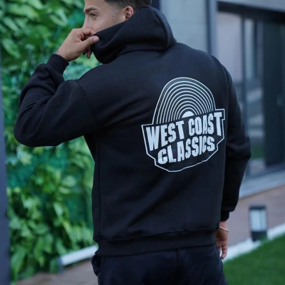 Sırt Baskılı Kapüşonlu Üç İplik Oversize Sweatshirt - Siyah -