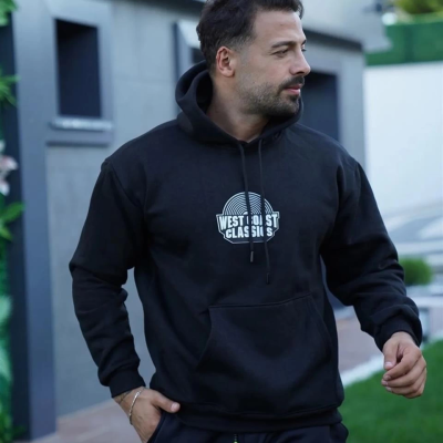 Sırt Baskılı Kapüşonlu Üç İplik Oversize Sweatshirt - Siyah -