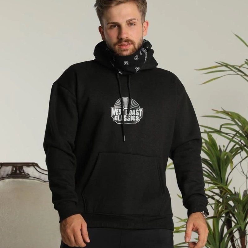 Sırt Baskılı Kapüşonlu Üç İplik Oversize Sweatshirt - Siyah -