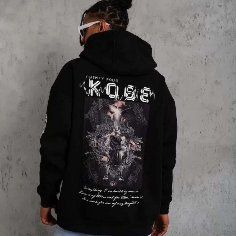 Sırt Baskılı Kapüşonlu Üç İplik Oversize Sweatshirt - Siyah