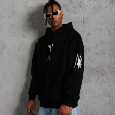 Sırt Baskılı Kapüşonlu Üç İplik Oversize Sweatshirt - Siyah