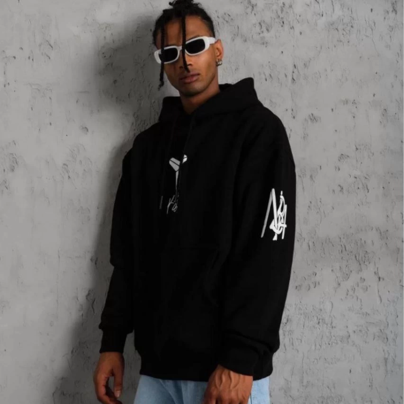 Sırt Baskılı Kapüşonlu Üç İplik Oversize Sweatshirt - Siyah