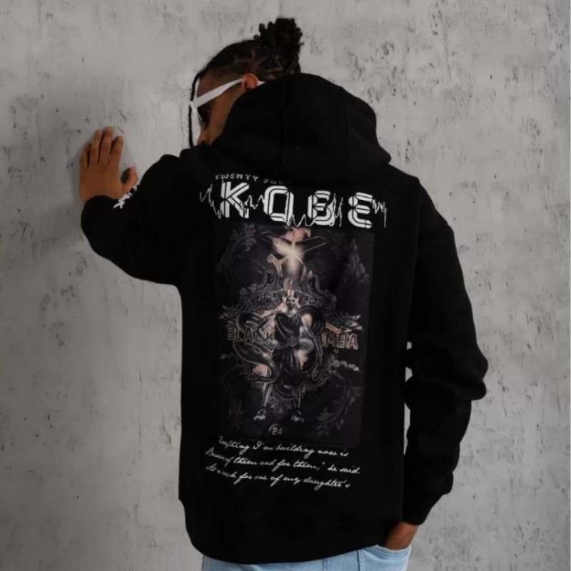 Sırt Baskılı Kapüşonlu Üç İplik Oversize Sweatshirt - Siyah