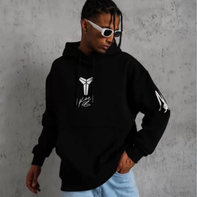 Sırt Baskılı Kapüşonlu Üç İplik Oversize Sweatshirt - Siyah