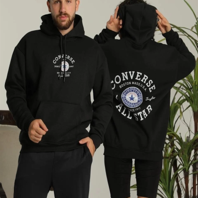 Sırt Baskılı Oversize Üç İplik Kapüşonlu Hoodie Sweatshirt - Siyah