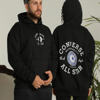 Sırt Baskılı Oversize Üç İplik Kapüşonlu Hoodie Sweatshirt - Siyah