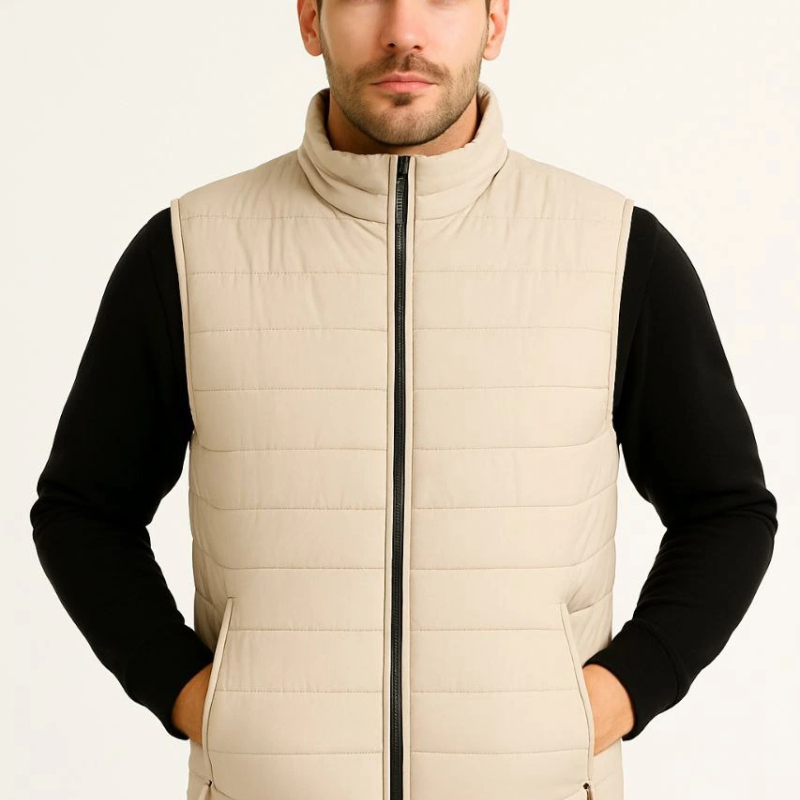 Şişme Fermuarlı Yelek Su itici Kapitone Astarlı Kumaş Cepli Hafif Kışlık Spor Rahat Kalıp -Bej