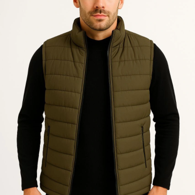 Şişme Fermuarlı Yelek Su itici Kapitone Astarlı Kumaş Cepli Hafif Kışlık Spor Rahat Kalıp - Haki