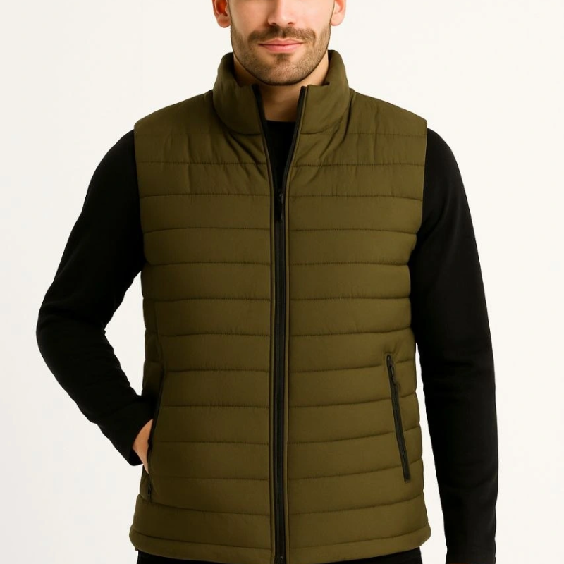 Şişme Fermuarlı Yelek Su itici Kapitone Astarlı Kumaş Cepli Hafif Kışlık Spor Rahat Kalıp - Haki