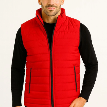 Şişme Fermuarlı Yelek Su itici Kapitone Astarlı Kumaş Cepli Hafif Kışlık Spor Rahat Kalıp - Kırmızı