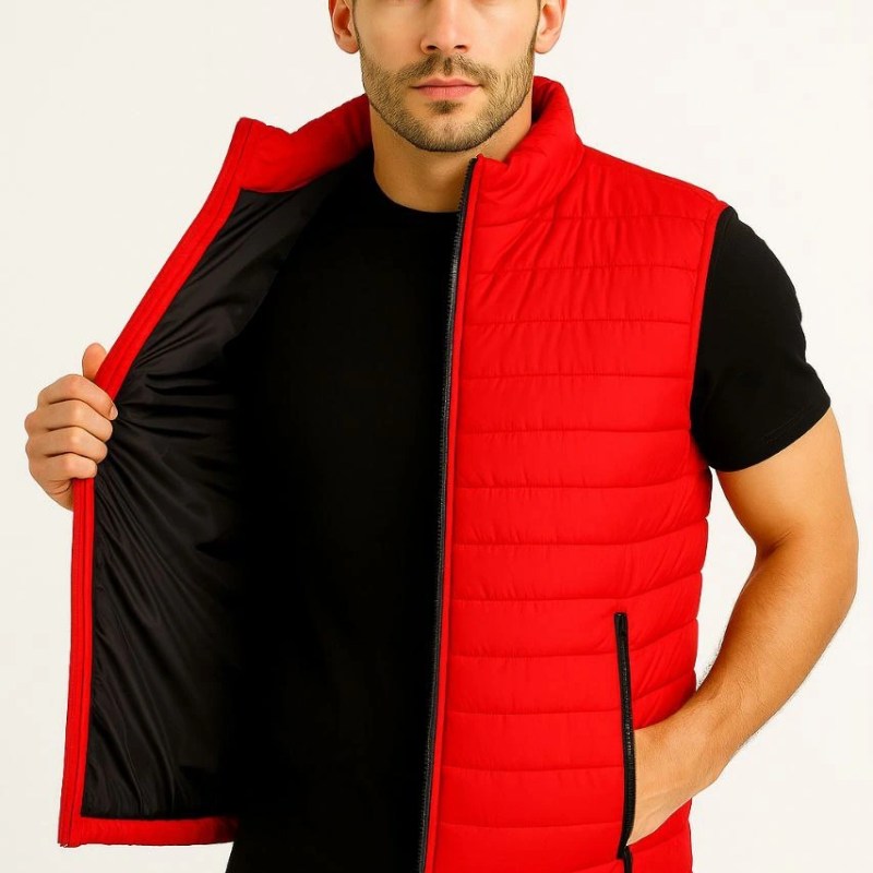 Şişme Fermuarlı Yelek Su itici Kapitone Astarlı Kumaş Cepli Hafif Kışlık Spor Rahat Kalıp - Kırmızı