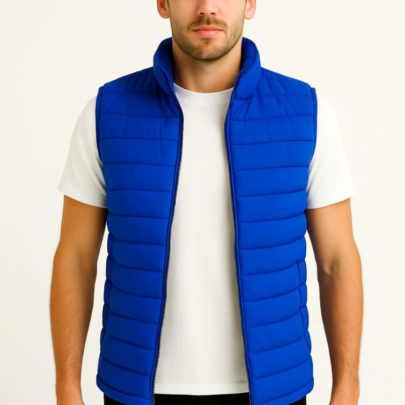 Şişme Fermuarlı Yelek Su itici Kapitone Astarlı Kumaş Cepli Hafif Kışlık Spor Rahat Kalıp - Saks Mavisi