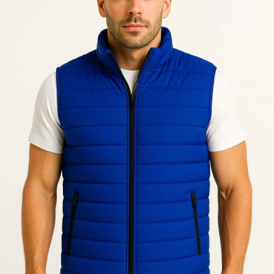 Şişme Fermuarlı Yelek Su itici Kapitone Astarlı Kumaş Cepli Hafif Kışlık Spor Rahat Kalıp - Saks Mavisi