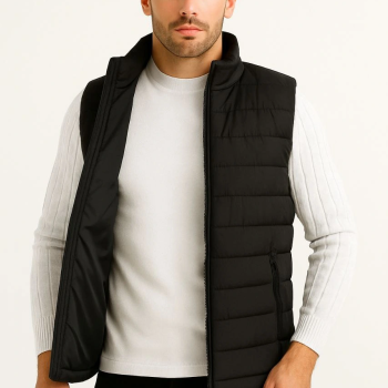 Şişme Fermuarlı Yelek Su itici Kapitone Astarlı Kumaş Cepli Hafif Kışlık Spor Rahat Kalıp - Siyah