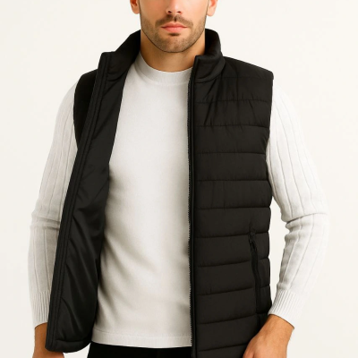 Şişme Fermuarlı Yelek Su itici Kapitone Astarlı Kumaş Cepli Hafif Kışlık Spor Rahat Kalıp - Siyah