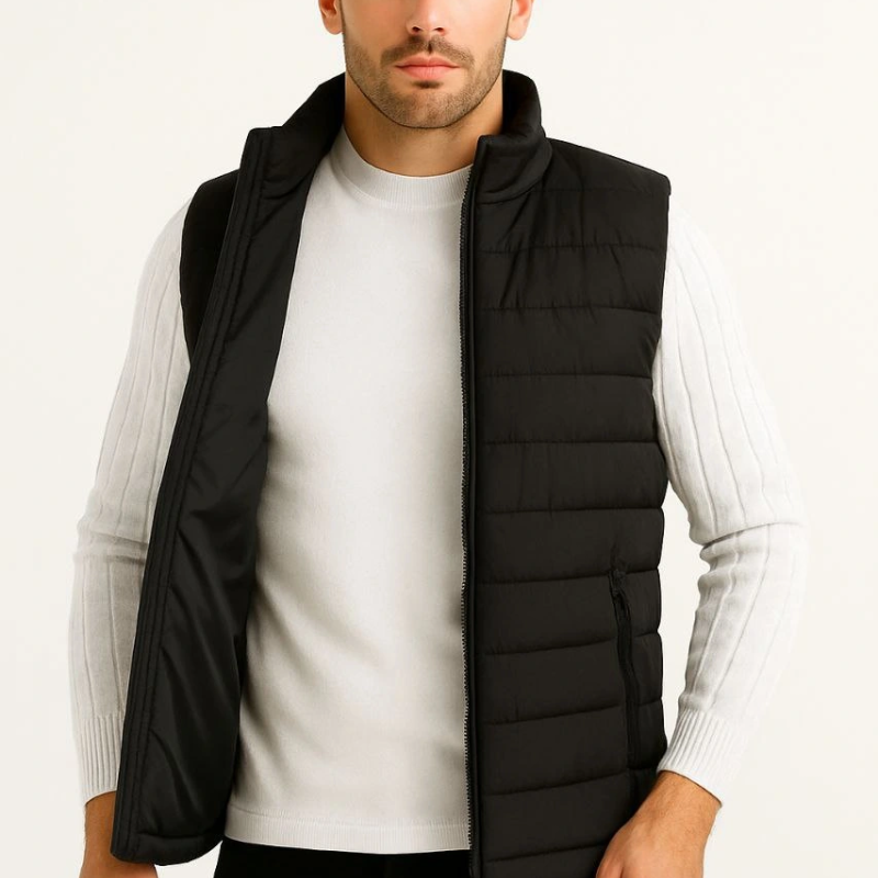 Şişme Fermuarlı Yelek Su itici Kapitone Astarlı Kumaş Cepli Hafif Kışlık Spor Rahat Kalıp - Siyah