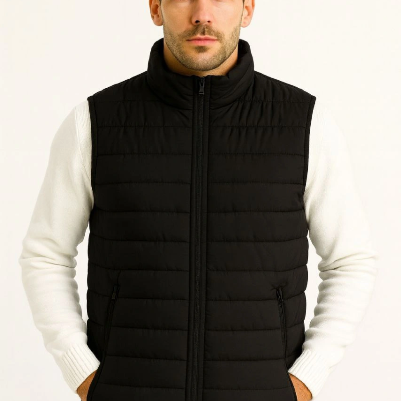 Şişme Fermuarlı Yelek Su itici Kapitone Astarlı Kumaş Cepli Hafif Kışlık Spor Rahat Kalıp - Siyah