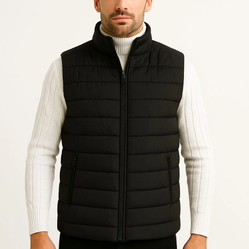 Şişme Fermuarlı Yelek Su itici Kapitone Astarlı Kumaş Cepli Hafif Kışlık Spor Rahat Kalıp - Siyah