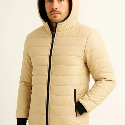 Şişme Kapüşonlu Fermuarlı Mont Su itici Kapitone Astarlı Kumaş Cepli Kışlık Rahat Kalıp - Bej