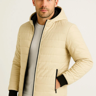 Şişme Kapüşonlu Fermuarlı Mont Su itici Kapitone Astarlı Kumaş Cepli Kışlık Rahat Kalıp - Bej