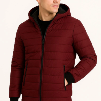 Şişme Kapüşonlu Fermuarlı Mont Su itici Kapitone Astarlı Kumaş Cepli Kışlık Rahat Kalıp - Bordo