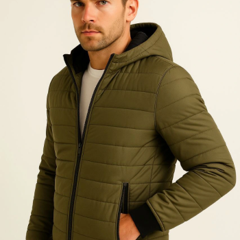 Şişme Kapüşonlu Fermuarlı Mont Su itici Kapitone Astarlı Kumaş Cepli Kışlık Rahat Kalıp - Haki