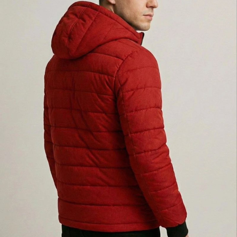 Şişme Kapüşonlu Fermuarlı Mont Su itici Kapitone Astarlı Kumaş Cepli Kışlık Rahat Kalıp - Kırmızı