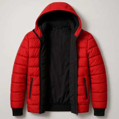 Şişme Kapüşonlu Fermuarlı Mont Su itici Kapitone Astarlı Kumaş Cepli Kışlık Rahat Kalıp - Kırmızı