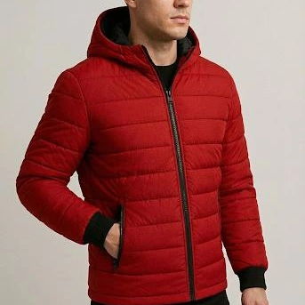 Şişme Kapüşonlu Fermuarlı Mont Su itici Kapitone Astarlı Kumaş Cepli Kışlık Rahat Kalıp - Kırmızı