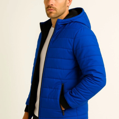 Şişme Kapüşonlu Fermuarlı Mont Su itici Kapitone Astarlı Kumaş Cepli Kışlık Rahat Kalıp - Saks Mavisi