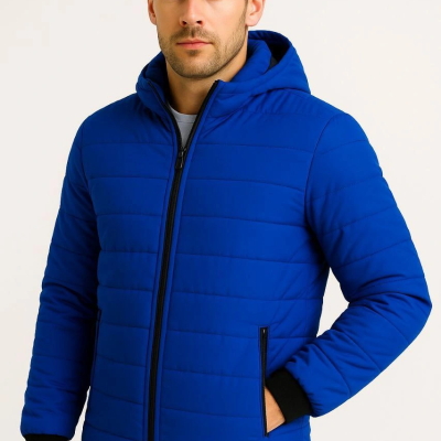 Şişme Kapüşonlu Fermuarlı Mont Su itici Kapitone Astarlı Kumaş Cepli Kışlık Rahat Kalıp - Saks Mavisi