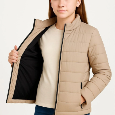 Şişme Mont Hafif ve Sıcak Tutucu Kışlık Fermuarlı Su İtici Rahat Günlük Mont Kapüşonuz Modern Tasarım - Bej