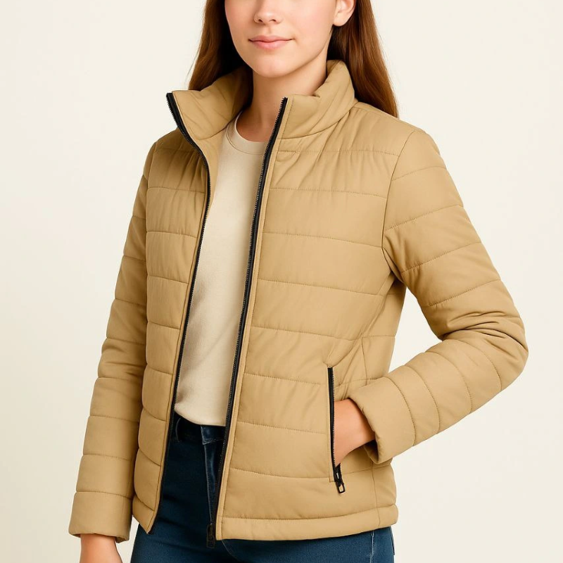 Şişme Mont Hafif ve Sıcak Tutucu Kışlık Fermuarlı Su İtici Rahat Günlük Mont Kapüşonuz Modern Tasarım - Bej