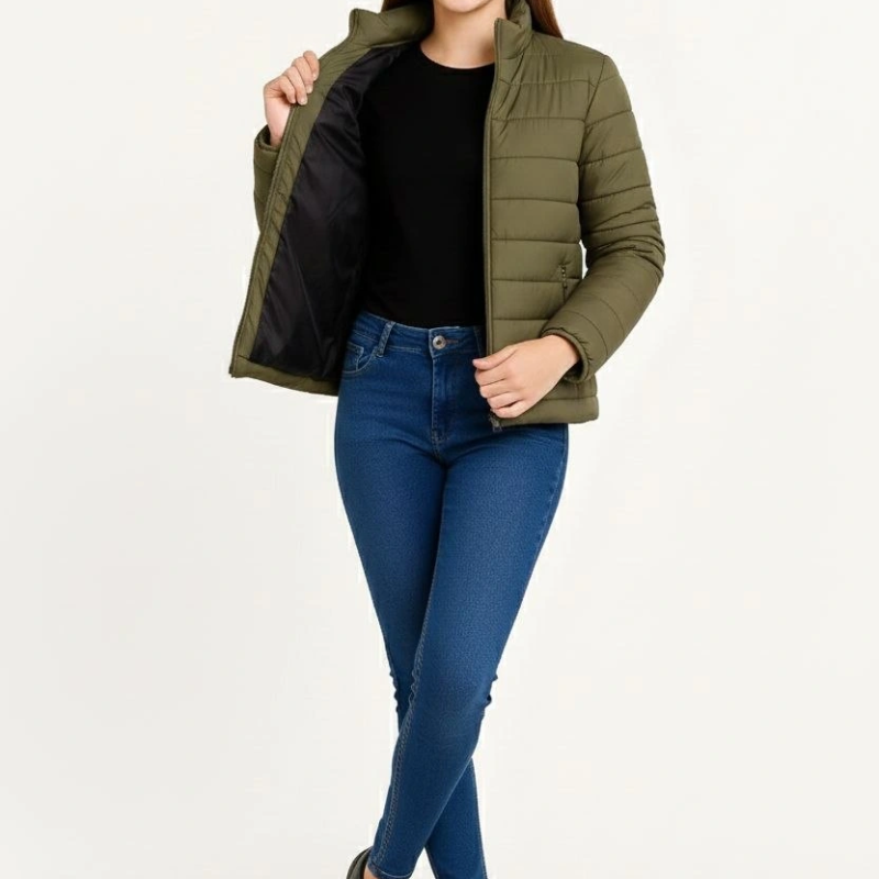 Şişme Mont Hafif ve Sıcak Tutucu Kışlık Fermuarlı Su İtici Rahat Günlük Mont Kapüşonuz Modern Tasarım - Haki