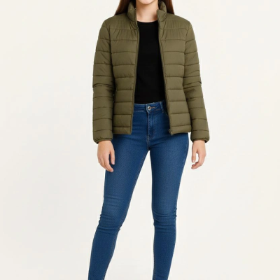 Şişme Mont Hafif ve Sıcak Tutucu Kışlık Fermuarlı Su İtici Rahat Günlük Mont Kapüşonuz Modern Tasarım - Haki