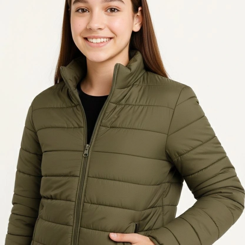 Şişme Mont Hafif ve Sıcak Tutucu Kışlık Fermuarlı Su İtici Rahat Günlük Mont Kapüşonuz Modern Tasarım - Haki