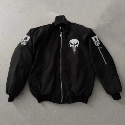 Siyah Askeri Tarz Bomber Mont –  , Punisher Skull Detaylı -