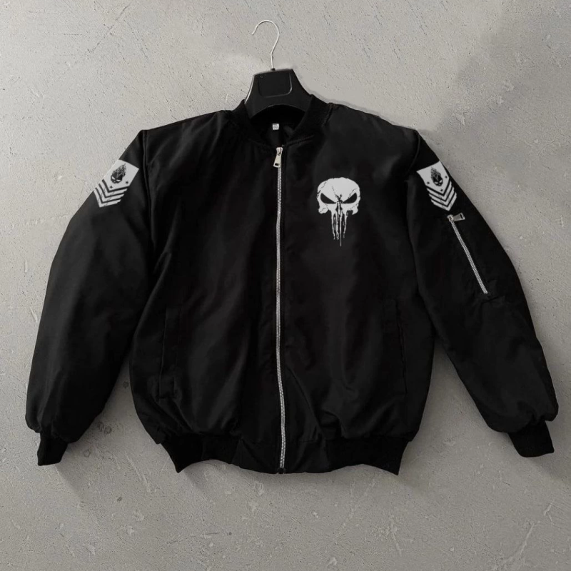 Siyah Askeri Tarz Bomber Mont –  , Punisher Skull Detaylı -