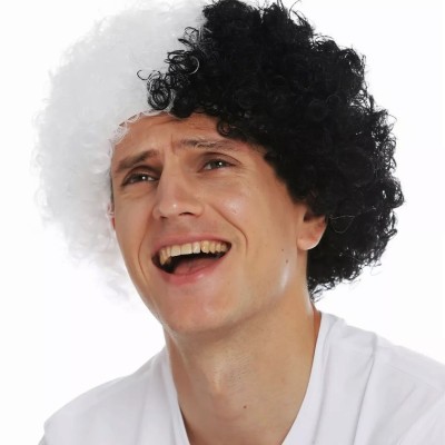 Siyah Beyaz Kıvırcık Afro Bonus Taraftar Peruğu 