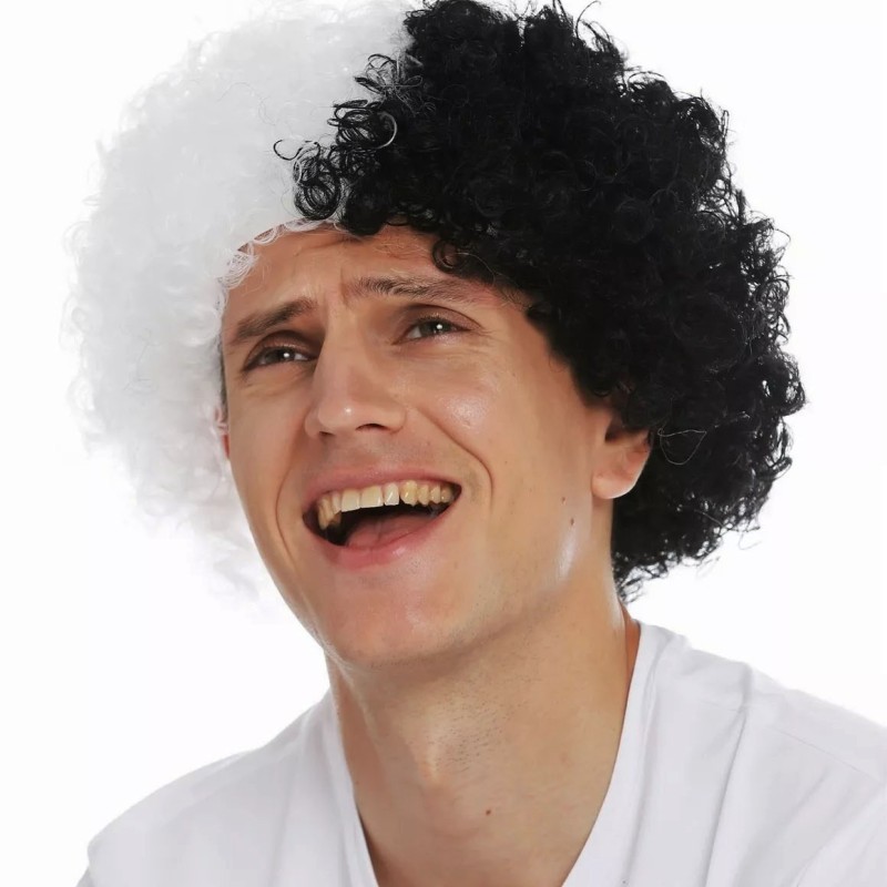 Siyah Beyaz Kıvırcık Afro Bonus Taraftar Peruğu 