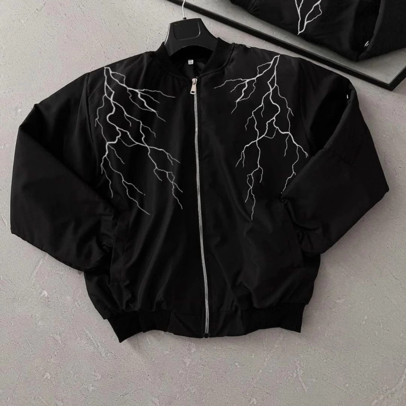 Siyah Bomber Mont – Beyaz Şimşek Desenli -