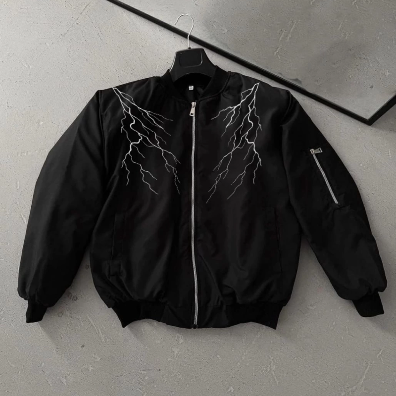 Siyah Bomber Mont – Beyaz Şimşek Desenli -