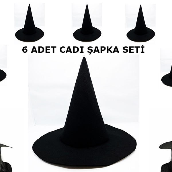 Siyah Cadı Şapkası Keçe Yetişkin Boy 6 Adet