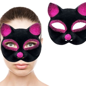 Siyah Fuşya Simli Süet Kedi Maskesi