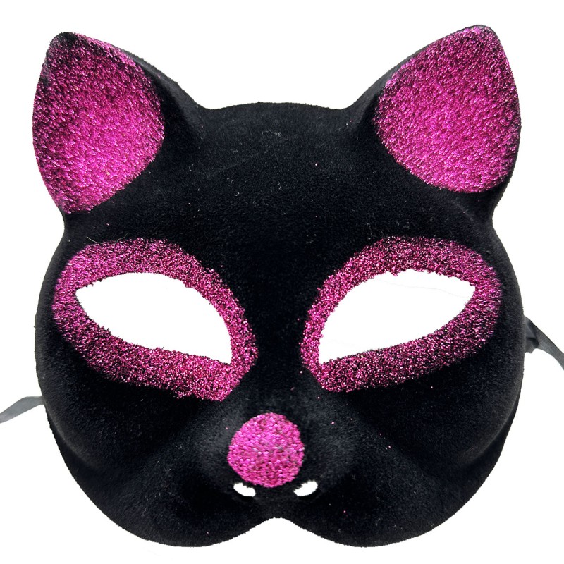 Siyah Fuşya Simli Süet Kedi Maskesi