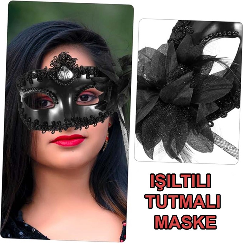 Siyah Işıltılı Tutmalı Fotoğraf Çekimi Maskesi